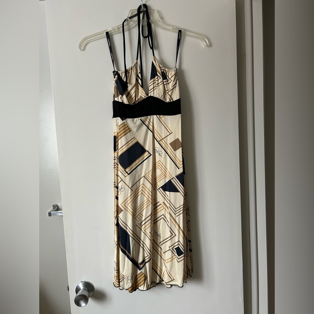 Baby Phat Geometric Pattern Halter Dress in Tan